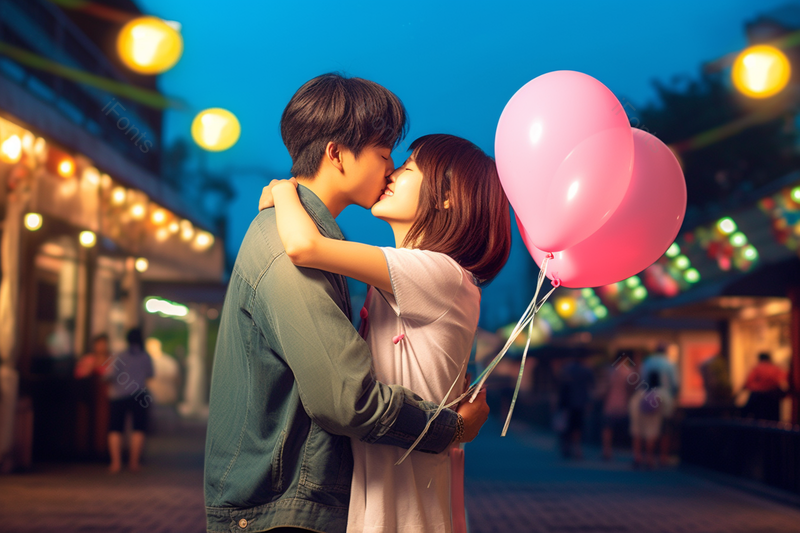 七夕节年轻人游乐园情侣夜晚亲吻拥抱摄影图,高清,摄影图,摄影图片,图片大全,摄影图免费下载